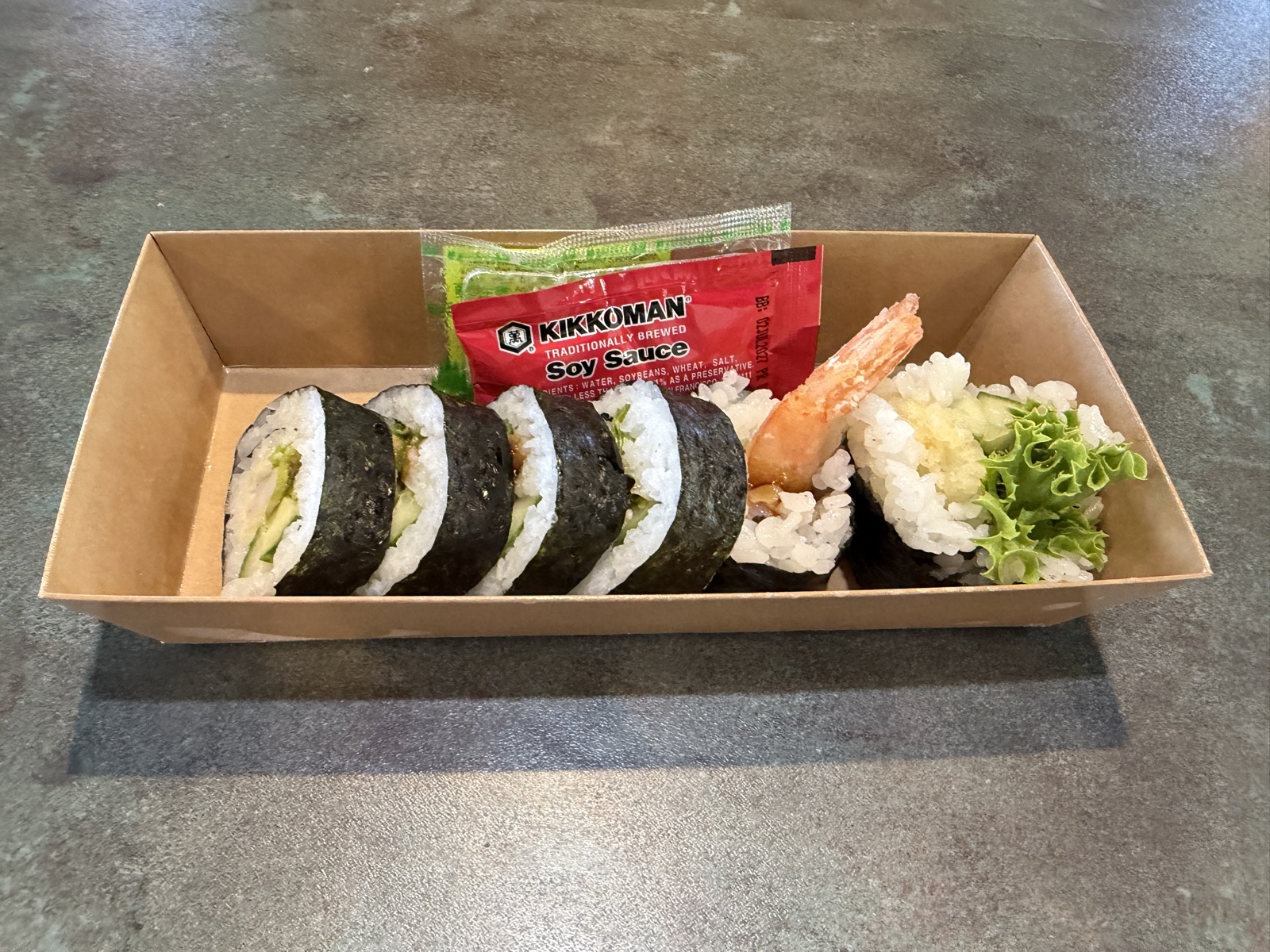 Cucumber roll with shrimp nigiri